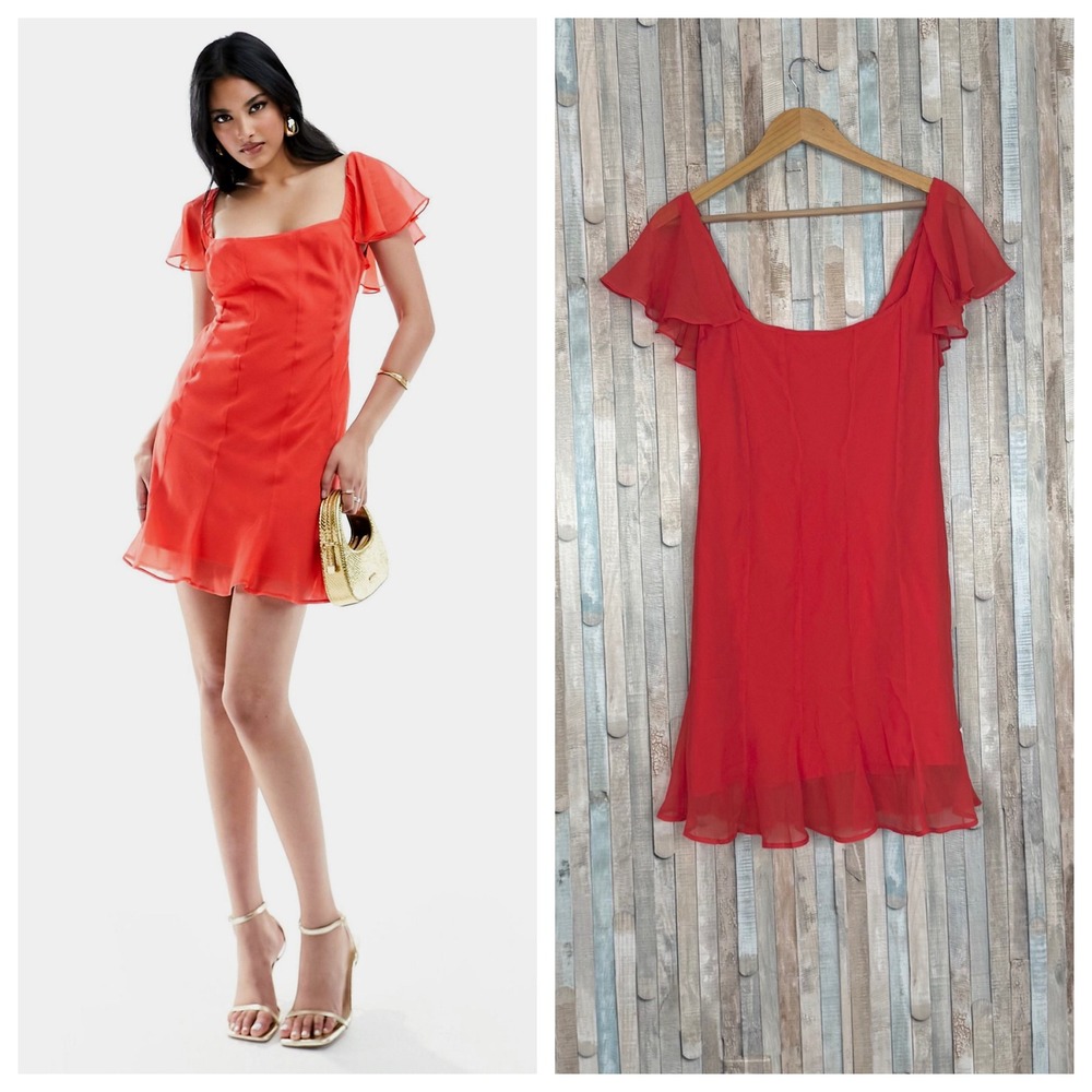 ASOS Design Red Flutter Sleeve Square Neck Bias Paneled Mini Dress Chiffon‎ 10